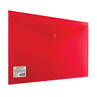 Папка-конверт с кнопкой BRAUBERG, А4, до 100 листов, прозрачная, красная, СВЕРХПРОЧНАЯ 0,18 мм